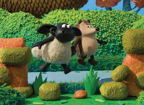 Timmy the lamb and Apricot the hedgehog skipping and holding hands